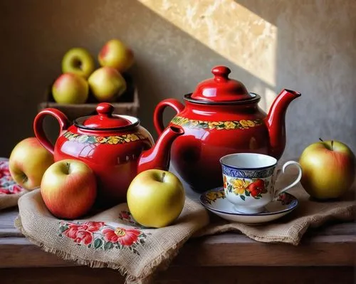 a painting with apples and cups sitting on a table,teapots,vintage teapot,fragrance teapot,autumn still life,apple cider,apple jam,fruit tea,basket with apples,pear quince,tea still life with melon,re