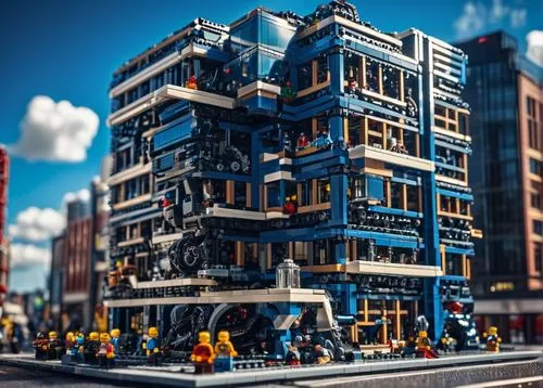 Colorful Lego bricks, intricately built modern architecture, sleek lines, vibrant hues, geometric shapes, urban cityscape, sunny afternoon, warm ambient lighting, shallow depth of field, bright blue s