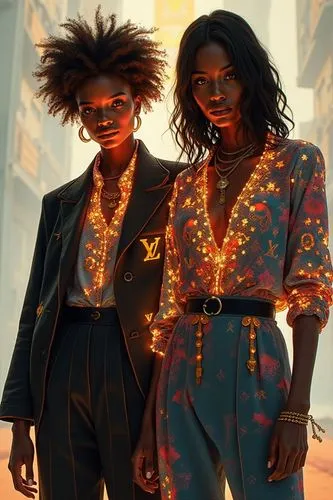 An asymmetrical digital illustration depicting two women's gazes, from the bottom of a manteau. The center piece is a symphony of intricate designs and colors, with bold color and texture contrasting 