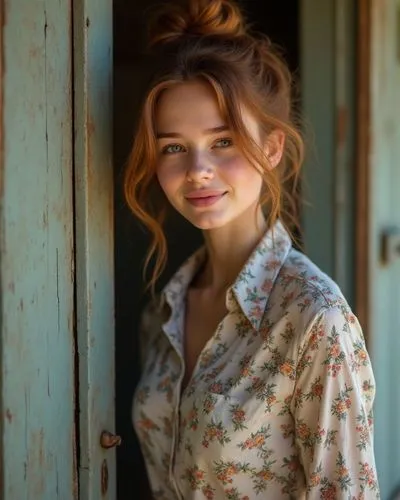 3/4 shot, photograph of a woman with a voluminous messy bun hair, auburn highlights, wearing a button down collared blouse with a colorful floral pattern, busty, leaning up against worn barn door, hea