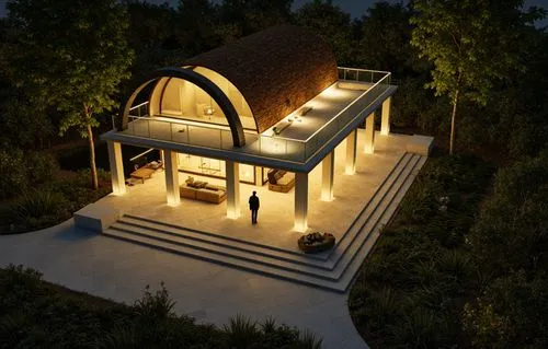 Building with exposed brick vault and terrace.and dense trees and  greenery in the Backdrop,a man standing on the stairs in front of a building,3d rendering,render,3d render,sketchup,renders,forest ch