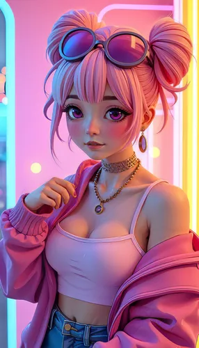 a drawing of an animated character wearing a pink outfit,neon coffee,neon tea,neon candies,neon light,neon drinks,bubblegum,neon ice cream,neon,neon lights,vector girl,synthetic,neon colors,retro dine