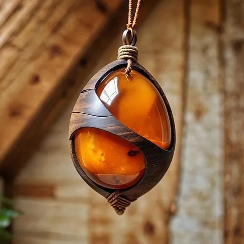 pingente feito em resina, cordão encerado, detalhes internos de madeira rústica, formato irregular, laranja e marrom,a wooden object hanging from the ceiling on a string,agate carnelian,hanging lanter
