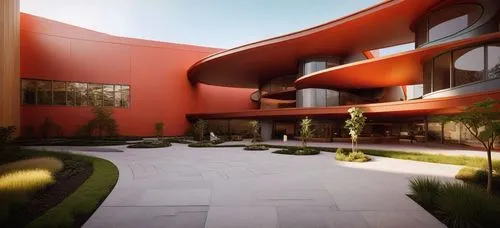an exterior view of a modern building, with round windows and plants,school design,courtyards,courtyard,renders,futuristic architecture,modern architecture,mansions,futuristic art museum,architecture,