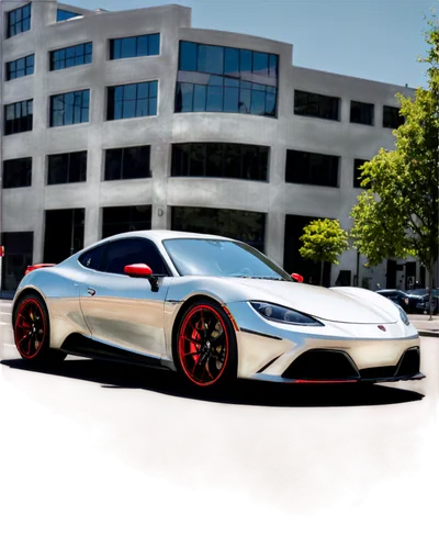 Sports car, shiny metallic body, low-angle shot, wheels facing slightly outward, sleek headlights, glossy black rims, red brake calipers, dynamic pose, motion blur effect, city street background, morn