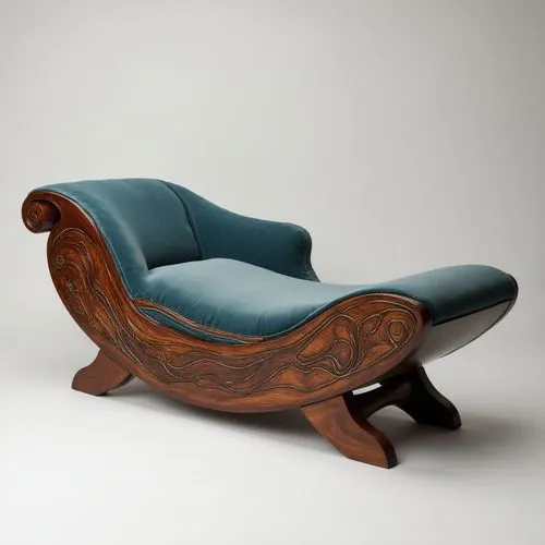 Chaise longue inspired by an ocean wave, with flowing wood carving in dark cherry, brass inlay following the foam lines, and a velvet cushion that blends into the curvature.,an image of modern wooden 