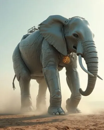 A colossal elephant strides powerfully across a barren desert expanse, its skin semi-transparent and shimmering like crystalline glass under soft daylight. Beneath its surface, an elaborate exoskeleto
