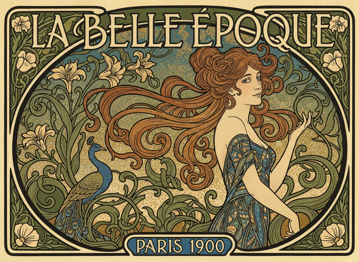 Ein elegantes Jugendstil-Plakat einer Frau mit wehendem Haar, dargestellt mit einer Holzschnitt-Textur.