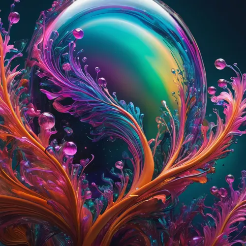 Design a lush and vibrant alien world,liquid bubble,soap bubble,colorful water,soap bubbles,fractals art,colorful glass,colorful spiral,fluid,coral swirl,colorful balloons,fractal art,water flower,flu