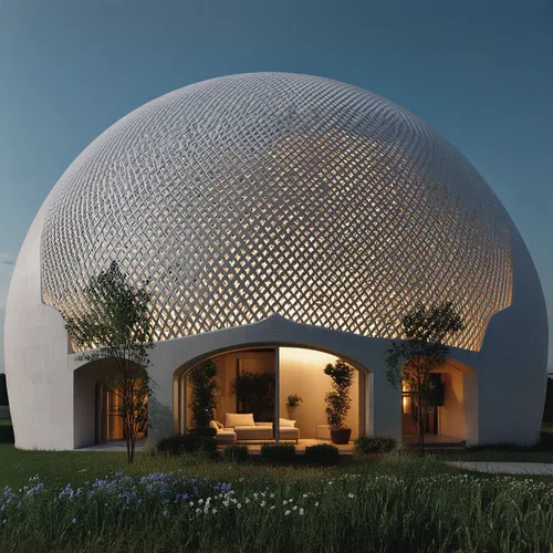 1. Forma general del domo:

Estructura semi ovalada con textura entrelazada en patrón de trenzado, hecha de concreto tipo concreto impreso en 3D. 100 mts2. máx. 10 metros de altura

El entorno es un p