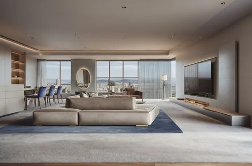 TV on the Wall, Floor-to-ceiling windows with city views,minotti,modern living room,penthouses,modern minimalist lounge,luxury home interior,livingroom,living room,modern room,apartment lounge,interio