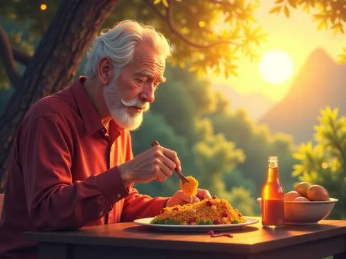 random place on earth,grandpa eating,a man eating from a bowl sitting at a table,mystic light food photography,romantic dinner,asceticism,gastronome,world digital painting,nourishment,nourishing,holy 