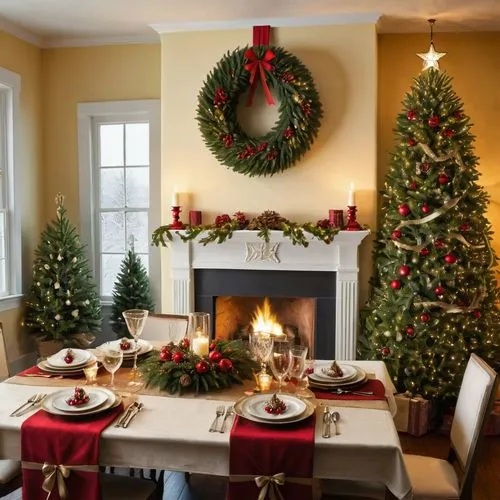 The image depicts a beautifully decorated dining room, exuding a warm and festive Christmas atmosphere. The room features a large wooden dining table set for a holiday meal, complete with elegant plac