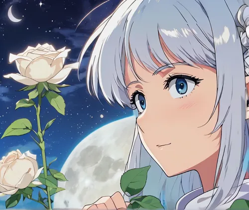 **Retro ghibli close-up on a white rose, moonlit, silvery, calm, nocturnal, minimal shading, bold, lined, 2d, flat, low detail, animated film pioneer,blue moon rose,lunar,lily of the field,moonflower,