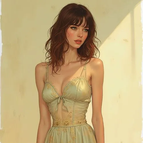 the painting shows a woman with brown hair,bustier,digital painting,yellow brown,evening dress,gold colored,female model
