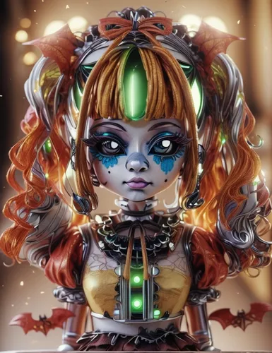 A young woman with glowing green eyes,a strange looking doll that has leaves on it,gingerbread girl,artist doll,doll head,female doll,automaton,enchantress,doll face,doll's facial features,fantasy por