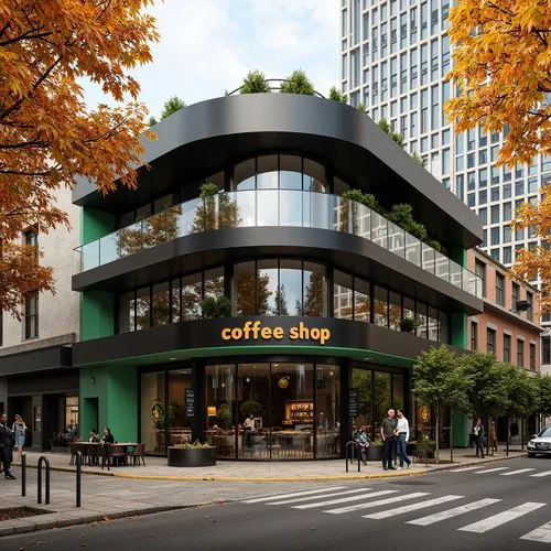 In an autumn setting, there is a stylish two-story coffee shop called "coffee shop." The exterior is black and light green, with large glass windows, and the design is creatively shaped, possibly like