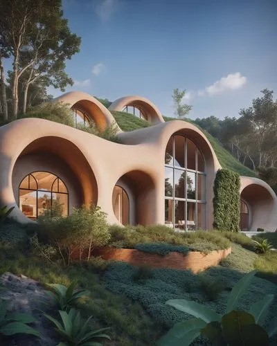 Architecture, organic form, glass facade,an unique and unusual house is located in the forest,earthship,dunes house,futuristic architecture,cubic house,ecovillages,roof domes,Photography,General,Reali