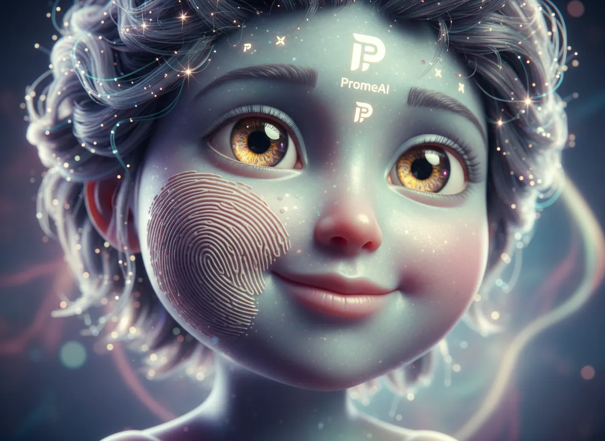 एक सनकी 3डी चरित्र के चेहरे का क्लोज-अप शॉट, जो PromeAI द्वारा उत्पन्न उसके गाल पर यथार्थवादी फिंगरप्रिंट बनावट विवरण को उजागर करता है।