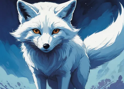 ghost fox Miyazaki Hayao style，handdraw,arctic fox,kitsune,nine-tailed,howling wolf,howl,silver fox,wolf,a fox,grey fox,canidae,fox,the blue eye,sand fox,redfox,blue eye,constellation wolf,gray wolf,f
