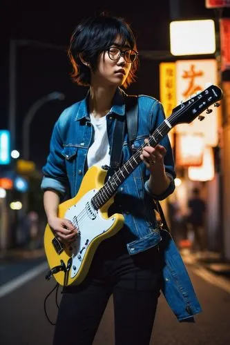 Bocchi, Japanese musician, solo, (20yo), messy short black hair, black framed glasses, casual wear, denim jacket, white T-shirt, skinny jeans, Converse shoes, holding electric guitar, playing music, s