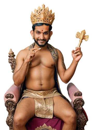 Ganesh god, Indian deity, seated, crossed legs, ornate throne, rich fabrics, golden crown, four arms, holding conch shell, lotus flower, axe, gentle smile, benevolent eyes, intricate tattoos, shimmeri