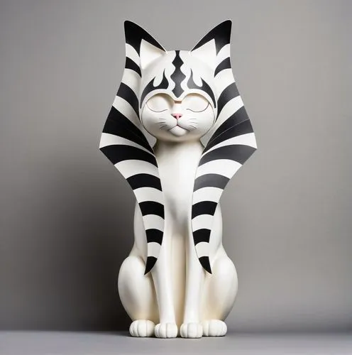 "Una silueta minimalista de un gato negro sentado erguido, de frente. El gato tiene una cola larga y elegante que se curva ligeramente. Lleva un intrincado tocado con dos largas extensiones curvadas q