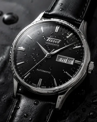 a product macro shot of a Tissot Heritage Visodate Automatic watch, black leather strap, black dial. with droplets on its face
,a watch is laying on the ground near the water,chronographs,chronometer,