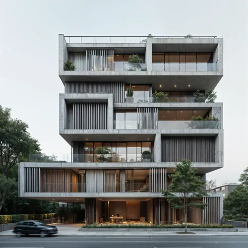 A design that plays with alternating layers of light and dark materials, using concrete, metal, and glass,a modern apartment building that features vertical stairs,seidler,kimmelman,cantilevered,cubic