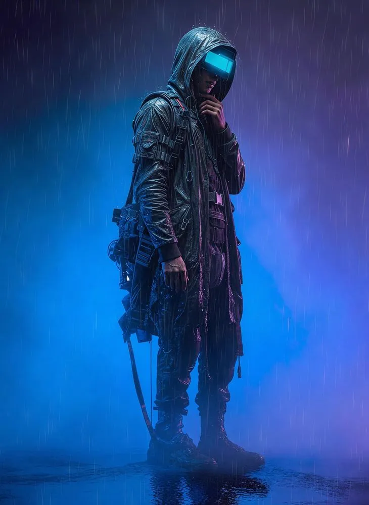 a man standing on a wet ground in the rain with a backpack