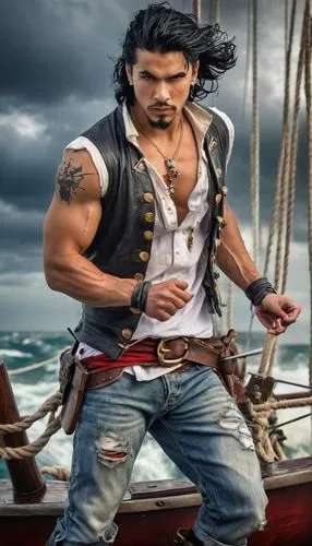 Male, pirate, muscular, rugged, 25yo, spiky black hair, scar above left eyebrow, silver hoop earring, worn leather boots, ripped blue jeans, white sleeveless shirt, red bandana, treasure map tattoo on