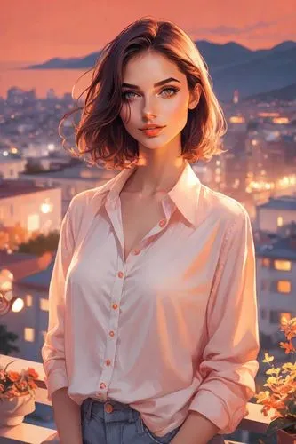 PORTRAIT OF WOMAN WITH CLOTHES, Lofi style, view from a city terrace at dusk, string lights and a person looking at the horizon.,a woman in a shirt and jeans stands on a balcony,poki,portrait backgrou
