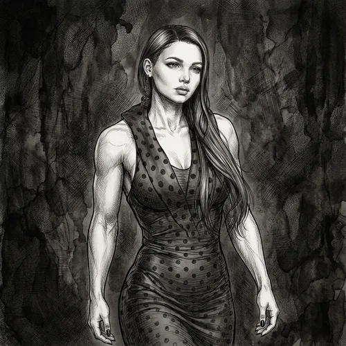 (LUIS ROYO style, fine ink drawing, slim black ferrofluid ink outlines,)
. A muscular girl emerges from a dark, textured background, exuding strength and dynamism. The subject wears a fitted gown that