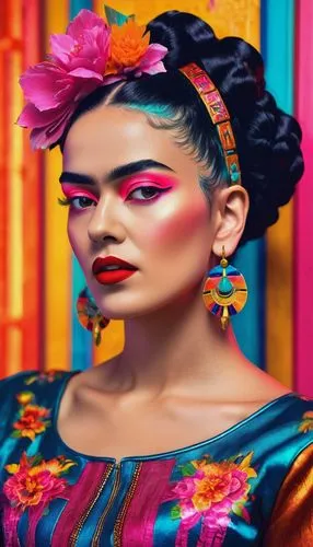Portrait of Frida kahlo, bright and saturated colors, elegant, highly detailed, vogue, fashion magazine, sharp focus, Bright expressive makeup, Dramatic Lighting, Depth of field, Incredibly high detai