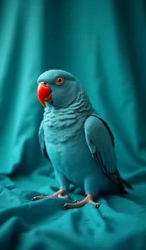 A stunning turquoise parrot perches gracefully against a soft, crumpled teal fabric backdrop. Its vivid red beak contrasts sharply with the bird’s serene blue feathers, creating a striking focal point