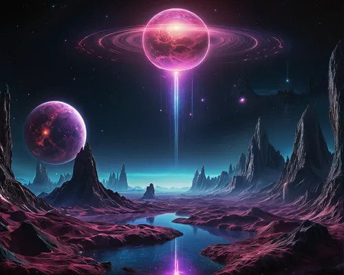 a futuristic space scene with pink lights and planets,proxmire,proxima,prempro,primestar,primosphere,primordia