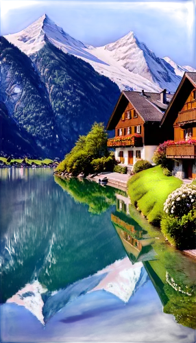Mountainous landscape, Switzerland, picturesque village, chalet style houses, wooden balconies, flower-filled window boxes, snow-capped Alps, serene lake, sailboats, sunny afternoon, warm lighting, 3/