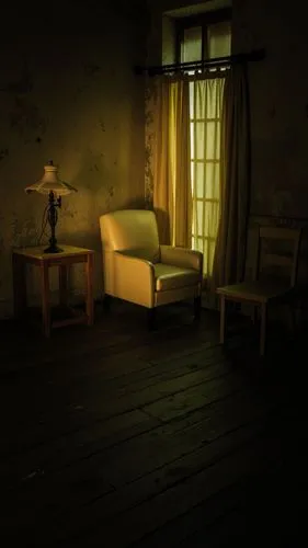 A photo-realistic shoot from the side about a dimly lit room with peeling walls and a wooden floor, featuring a table with a lamp on the left side and a chair on the right side. the room has a rustic,