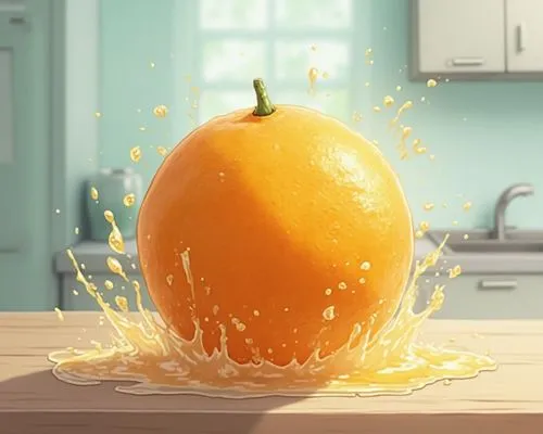 A photorealistic macro shot of a orange being "squished" against an invisible glass pane. Realistic juice droplets, skin compression, and minor distortion where the fruit meets the glass. The backgrou