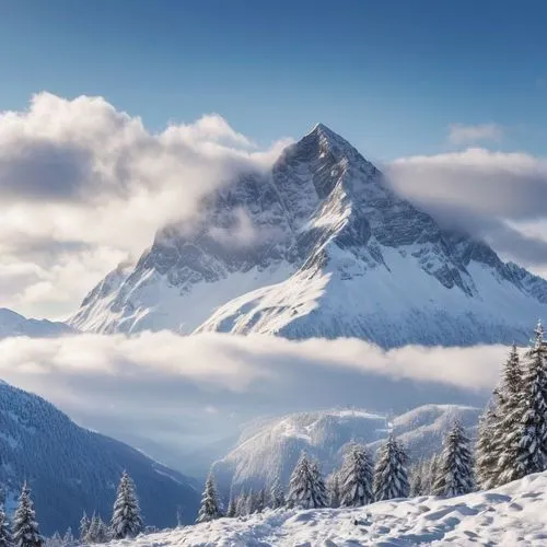 a realistic mountain scape covered with snow with clouds,some trees are sitting in front of some snow covered mountains,snow mountains,snow mountain,snowy mountains,snow landscape,landscape mountains 