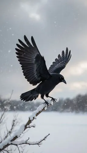 Hyper realistic professional photography of exceptional contrast of a black crow and a snowy white landscape, a crow in flight landing on a snowy branch. in the background a snowy landscape. cloudy we