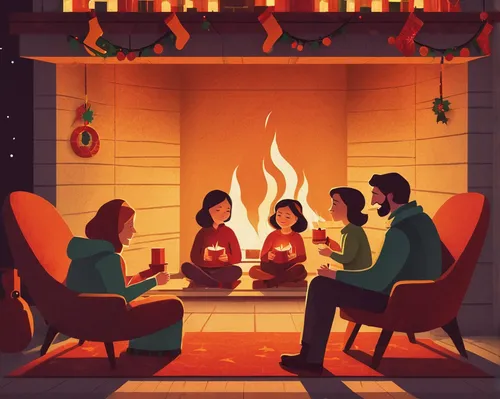 Set a Christmas family scene by a warm fireplace, sharing stories and laughter.,modern christmas card,christmas fireplace,christmas circle,christmas family,christmas scene,first advent,campfire,retro 