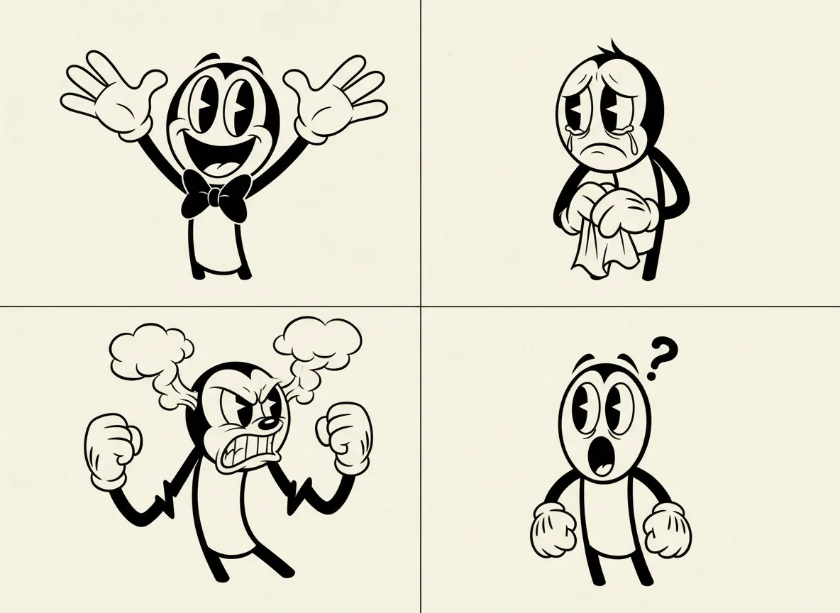 Una griglia di quattro personaggi unici con occhi a torta e diverse espressioni, tutti generati nello stile Animazione Rubber Hose.