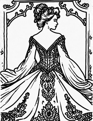 Style: Design Sketch-Detailed Outline,a black and white drawing of a woman in an ornate dress,crinoline,a floor-length dress,women silhouettes,dressmakers,noblewoman,sewing silhouettes,dress form,lace