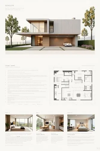 A professional architectural presentation board with a Pure background and a clean, minimalist design layout. The board includes:

Top Section: On the top left, a photorealistic render of a contempora