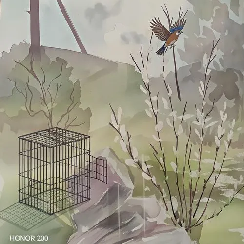 На земле стоит клетка, из которой вылетает птичка,a bird flying next to an open cage near trees,cage bird,bird cage,birds love,bird kingdom,bird bird kingdom,nature bird