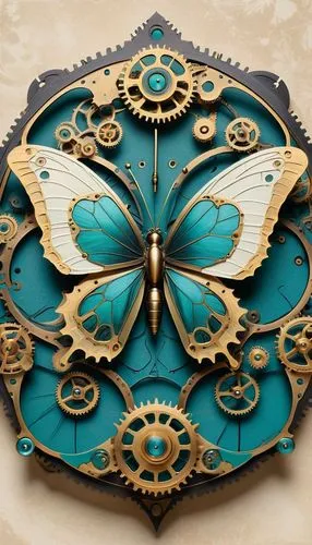 /imagine prompt: Intricate steampunk mechanical butterfly specimen, top-down view illustration. Large wings combine natural patterns (cream white, teal blue, black edges) with integrated brass plates,