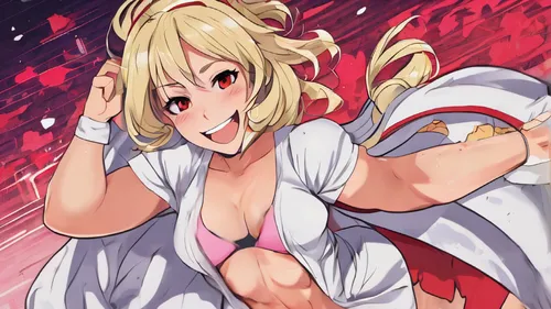 anime style, digital art, woman (milf), bodybuilder body, long hair, blond, red eyes (yandere eyes), big smile, freckled face, a sleep wear, high quality, dynamic pose, run pose, smug expression, with