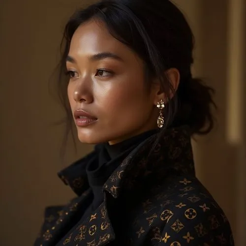 fashion show's atmosphere,, black sleeves below it Top fashion poster, female model wearing a pair of stylish earrings made with gold, contour light, ear close-up, fine skin texture, earrings highligh