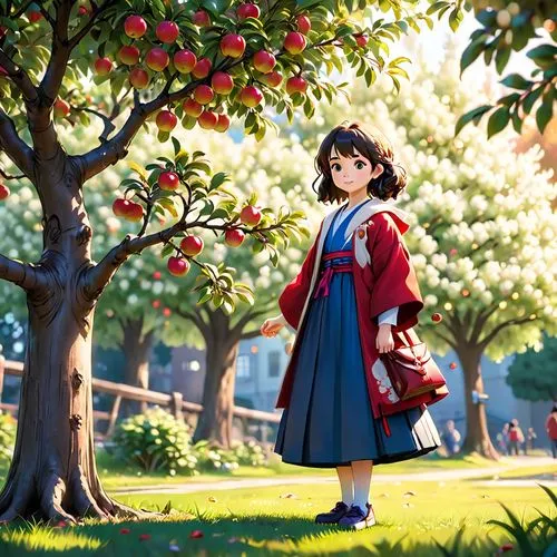 japanese style, manga, realistic,girl,apple tree,a woman wearing a blue dress stands under a red apple tree in a cartoon,hanbok,arrietty,girl picking apples,kumiko,apple orchard,kururi,Anime,Anime,Car
